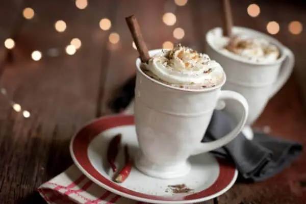 Mug of hot chocolate on a small plate.