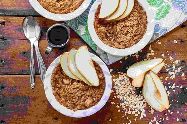 Baked pear oatmeal in compostable bowls.