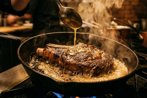 Large piece of meat cooking on skillet and getting liquid tallow spooned on top