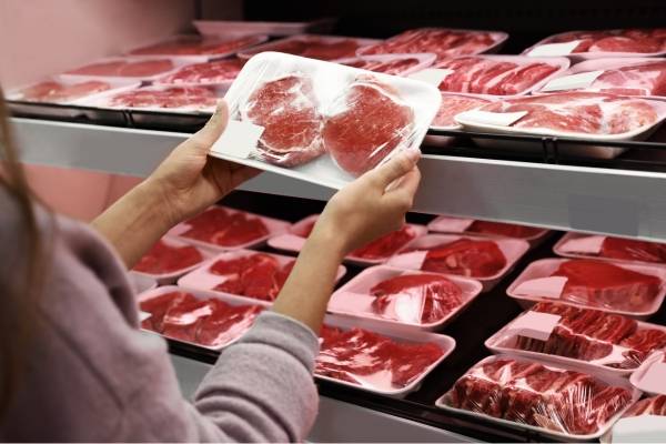 Person inspecting a package of meat at the store.