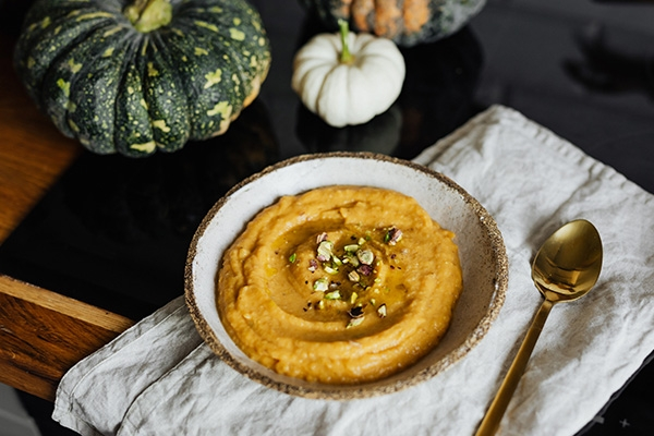 Bowl of pumpkin soup for fall