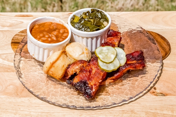 BBQ dishes on single plate.