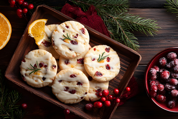 Plate of holiday cookies with white frosting and cranberries surrounding