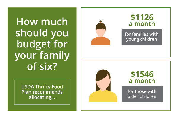 A family of six should budget $1126/month for a family with young children and $1546/month for a family with older children.