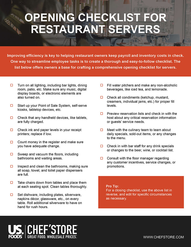 Opening checklist for restaurant servers
