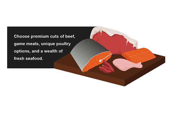 Choose premium cuts of beef, game meats, and fresh seafood.