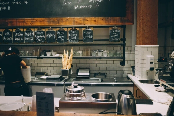 restaurant kitchen with white countertops