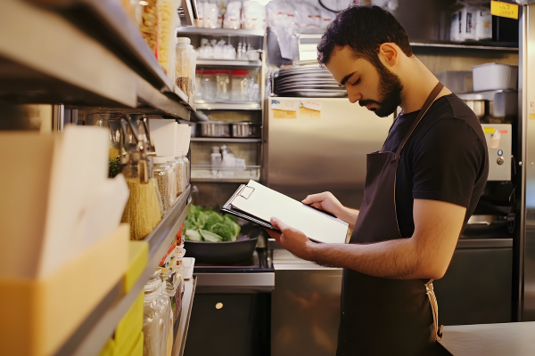 Restaurant worker in kitchen reviewing food inventory on clipboard