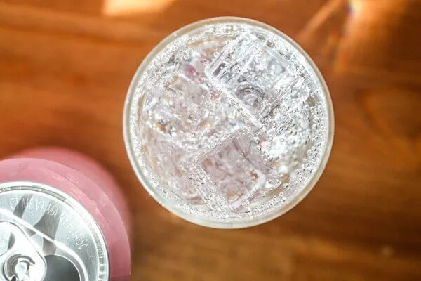 Sparkling water in an ice glass.