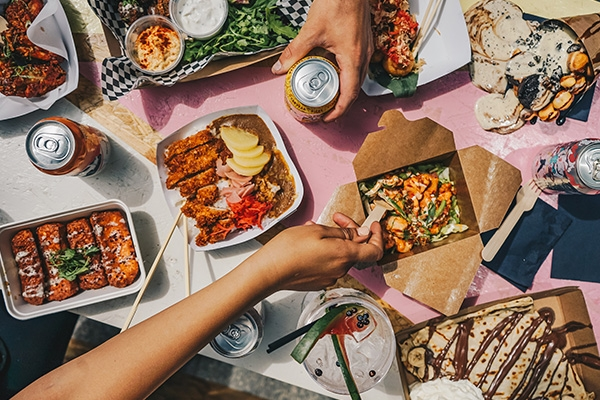 Take out food and packaging on a table.
