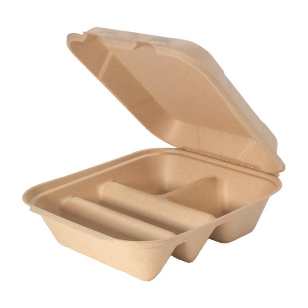 Large Biodegradable 3 Compartment Takeout Boxes - 8x8 Carry Out Container