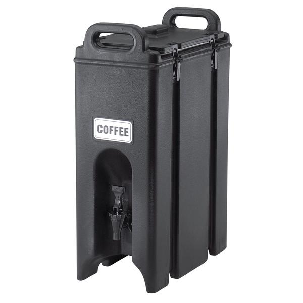 Cambro Camtainer 11.75 Gallon Black Insulated Beverage Dispenser with Black  7-Compartment Condiment Holder and 4 9/16 Riser